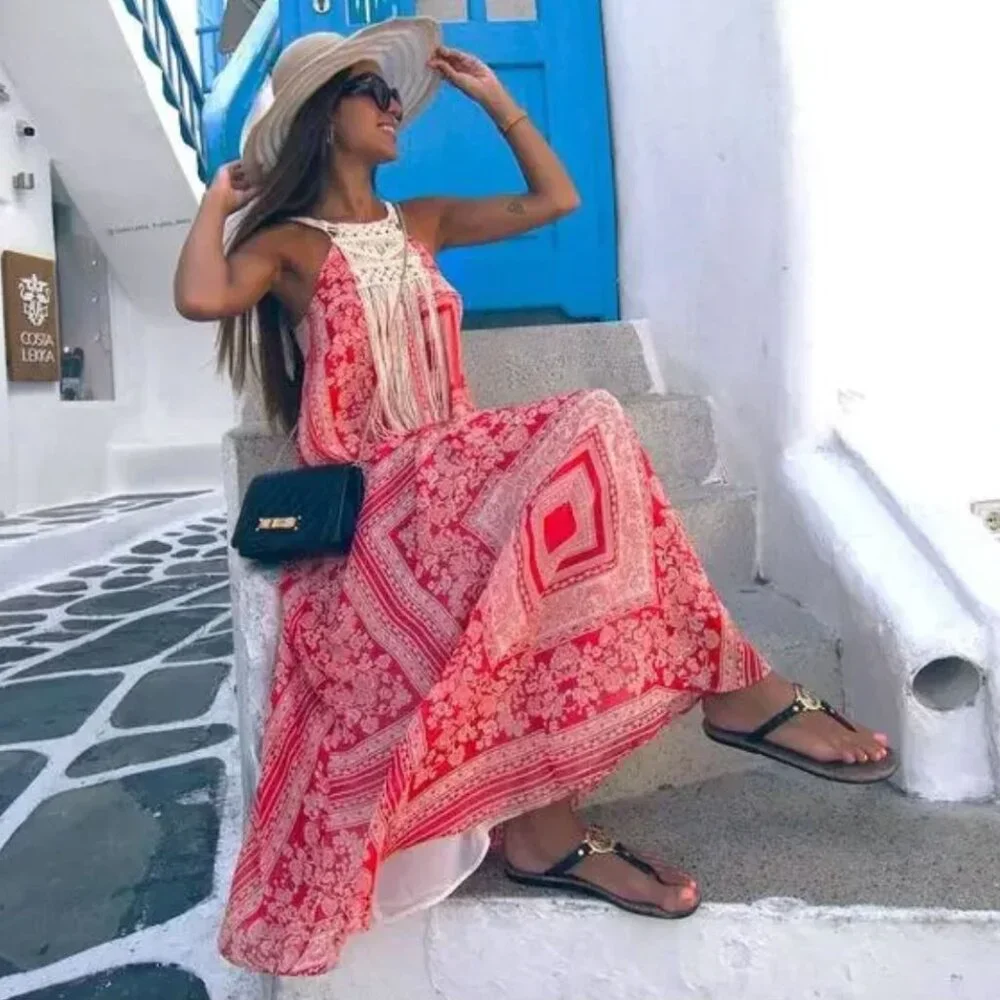 ZARA Boho Floral-Patch Maxi Dress with Crochet Neck and Fringe XS/S - Picture 6 of 16